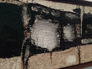 Manolo Millares, Composition 9, 1957, whiting and lampblack on burlap and string