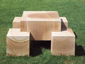 Scott Burton, Seat-Leg Table, 1986/1991, sandstone, overall 28.5 × 56 × 56 inches, Walker Art Center, Minneapolis