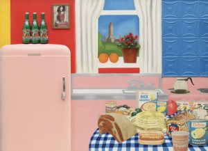 Tom Wesselmann, Still Life #30, 1963, Oil, enamel and synthetic polymer paint on composition board with collage of printed advertisements, plastic flowers, refrigerator door, plastic replicas of 7-Up bottles, glazed and framed color reproduction, and stamped metal. Museum of Modern Art, New York